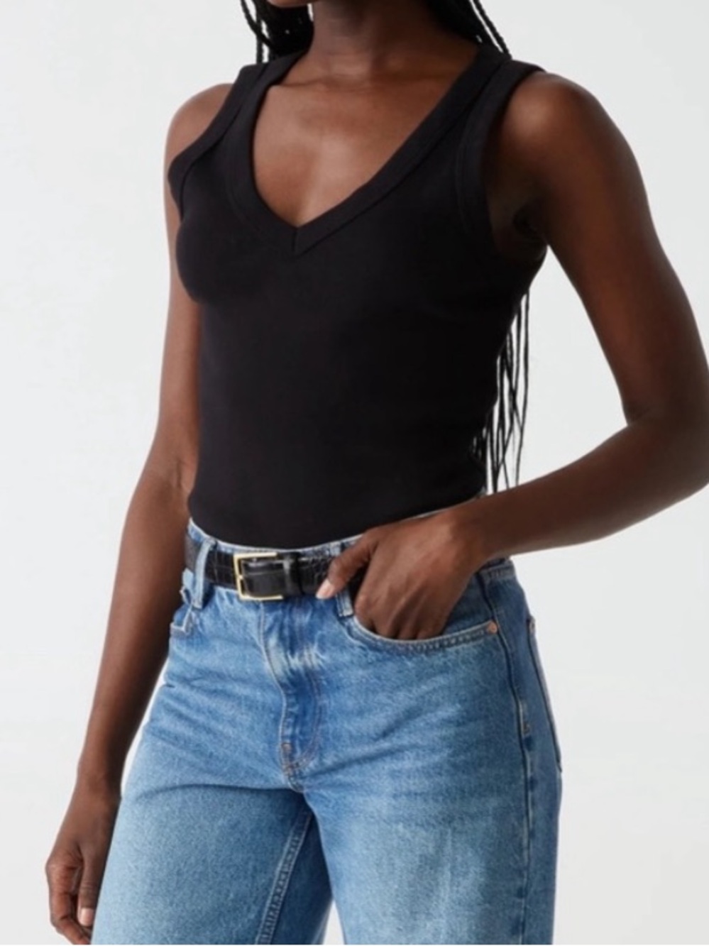 Michael Stars Maya V Neck wide binding tank in black, large